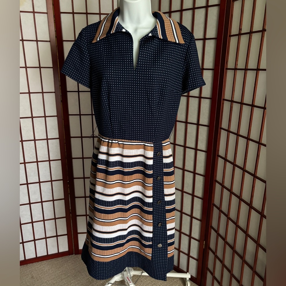 Navy Beige White Polka Dot and Striped Dress 1970’s Union Made No Belt